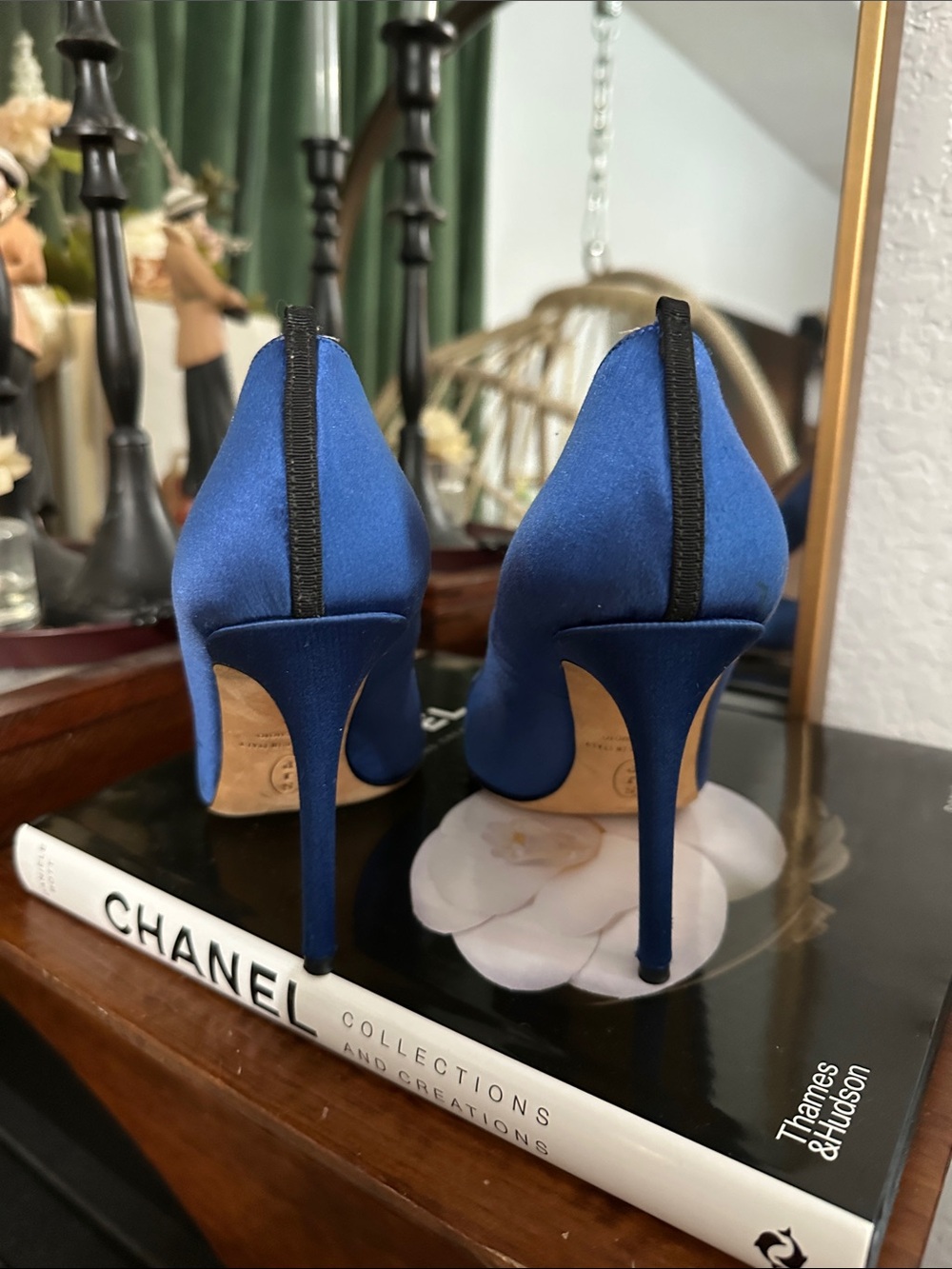 SJP by Sarah Jessica Parker Navy Satin Pointed Toe Pumps with Crystal Buckle - Picture 4 of 11